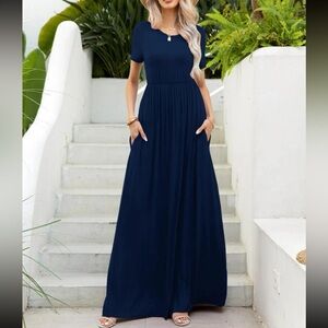 Boho Round Neck Short Sleeve Maxi Dress Blue